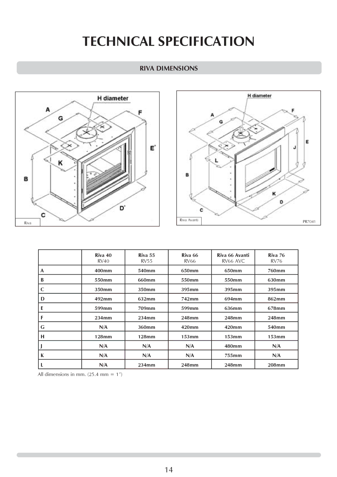 Stovax RV66AVC, RV40, RV76FK, RV55 manual Technical Specification, Riva Dimensions, Riva Riva 66 Avanti 